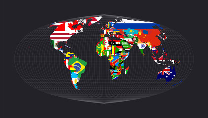 Map of the world with flags. Foucaut's sinusoidal projection. Map of the world with meridians on dark background. Vector illustration.