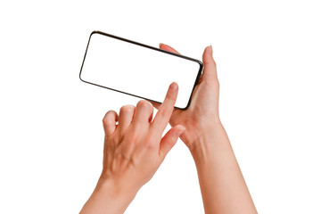 Smart phone in woman hands isolated on white background.  White screen. Copy space.
