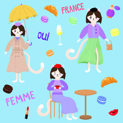 Vector graphics. Bright, adorable set with french cats, sweets, pastries. Handwritten text. Funny cartoon characters. 