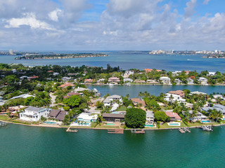 Aerial view of Bay Island neighborhood and luxury villas next the ocean, in Sarasota, Florida, USA