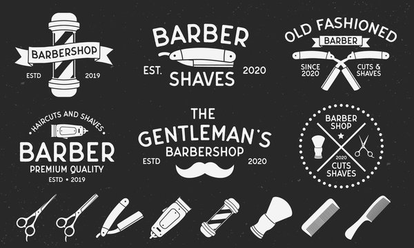 Vintage hipster barbershop badges, labels, emblems. Set of barbershop haircut icons. Vector illustration