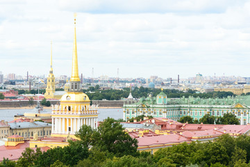 Saint Petersburg, Russia, August 2019. Panoramic aerial view of the city from the dome of Saint Isaac Cathedral. In this image is visible the Ermitage Museum and the Admiralteystvo building