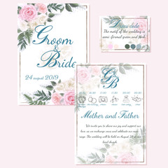 Set of wedding cards with flowers, roses, leaves. Floral poster, invite.
