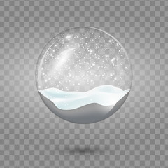 Christmas vector snowglobe isolated on transparent background. Realistic traditional winter holiday decoration crystal with falling snow, snowflakes inside. Xmas magical toy, empty sphere.