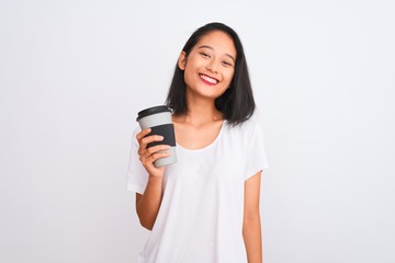 Young chinese woman drinking take away glass of coffee over isolated white background with a happy face standing and smiling with a confident smile showing teeth