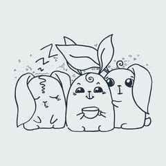 Cute doodle rabbits. Hand drawn vector illustration