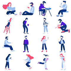 Trendy, creative, young people in the modern hipster clothing, shoes, jeans with gadgets. ..Group of male and female flat cartoon characters isolated on white background. Vector illustration...