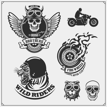 Collection of motorcycle club labels, emblems, badges and design elements. Vintage style. Print design for t-shirt.