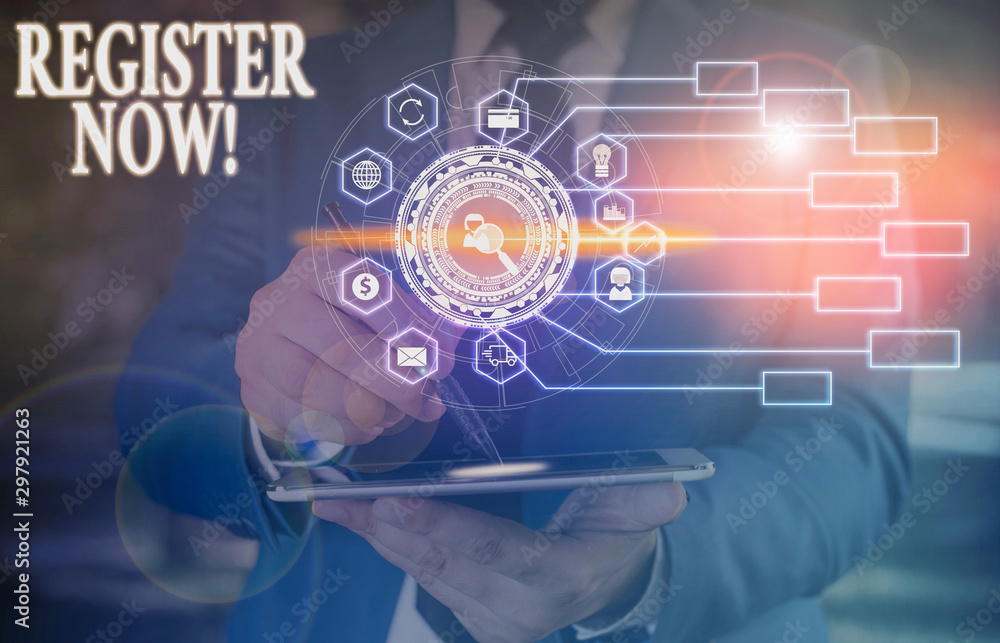 Poster text sign showing register now. business photo text official list or record showing or things into f