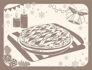 Wintertime and Christmas food, fruit pie. Vector illustration for menu, poster or other use.