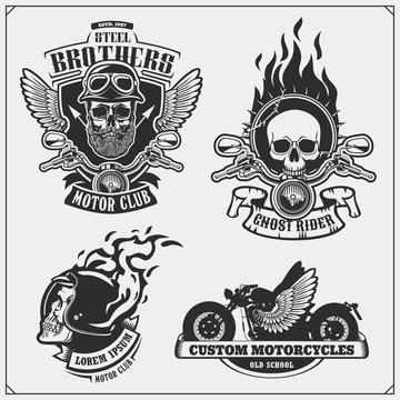 Collection of motorcycle club labels, emblems, badges and design elements. Vintage style. Print design for t-shirt.