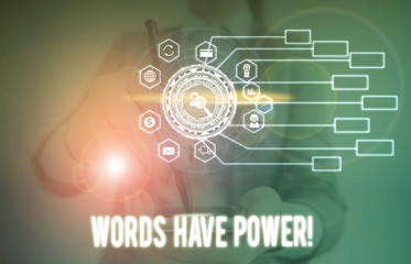 Conceptual hand writing showing Words Have Power. Concept meaning as they has ability to help heal hurt or harm someone Picture photo network scheme with modern smart device