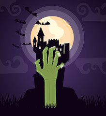 halloween dark scene castle with hand sombie