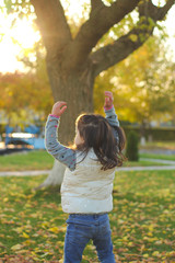A merry child scatters an armful of yellow fallen leaves. Sunny sunset in autumn park outdoors