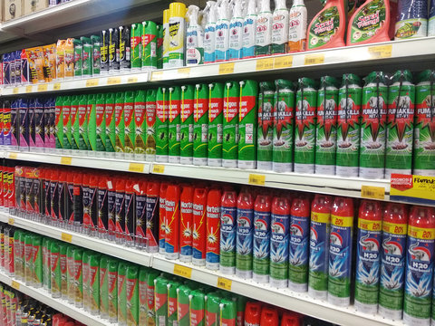 KUALA LUMPUR, MALAYSIA - MAY 11, 2019: Selective focused of insecticides in cans are displayed on shelves for sale. Separated by brand to facilitate buyers.