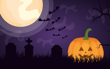 halloween dark cemetery scene with pumpkin