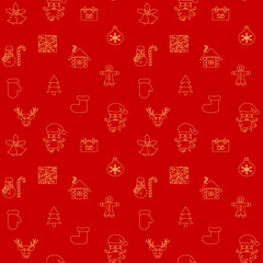 Winter holiday seamless cut red pattern. Outline Santa Claus, deer, snowmen, bell, ball, shelter, gift, gingerbread, christmas tree art design stoock vector illustration for web, for print, for walpap