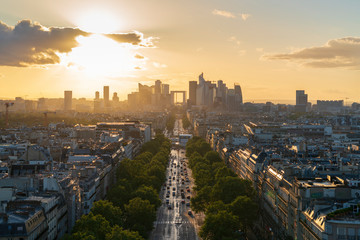 Naklejka na ściany i meble View of Paris skyline and La Defense at dusk, sunset