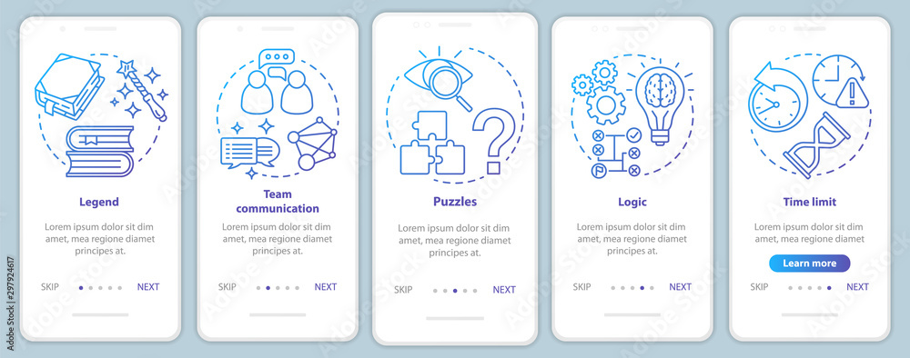 Aufkleber escape room blue gradient onboarding mobile app page screen with linear concepts. quest game. teamwo
