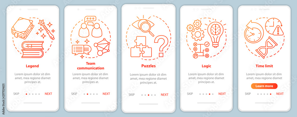 Poster escape room red gradient onboarding mobile app page screen with linear concepts. quest game. team co