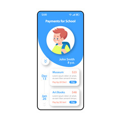 Payments for school smartphone interface vector template. Mobile app page blue and white design layout. Mobile banking screen. Flat UI for application. Online paying. Private school. Phone display