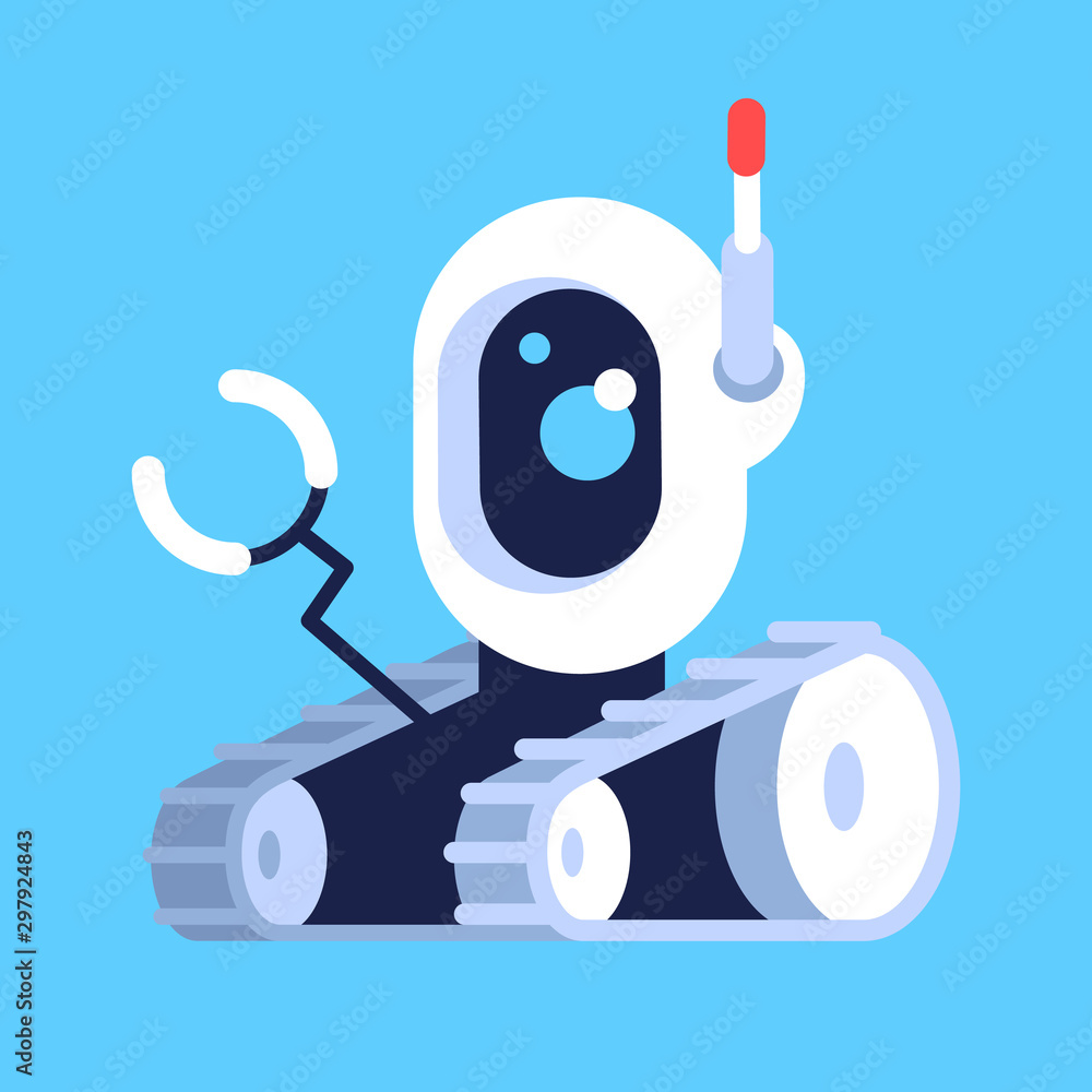 Poster robotic tracked car flat vector illustration. droid vehicle with manipulator on remote control. cybe