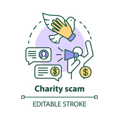 Charity scam concept icon. Asking for donation. Fake philanthropy organization. Request for finance contributions idea thin line illustration. Vector isolated outline drawing. Editable stroke