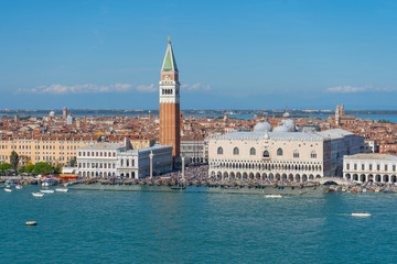 Panorama of Piazza San Marco, Campanile and Doge Palace. Travel photo. Venice. Italy. Europe.