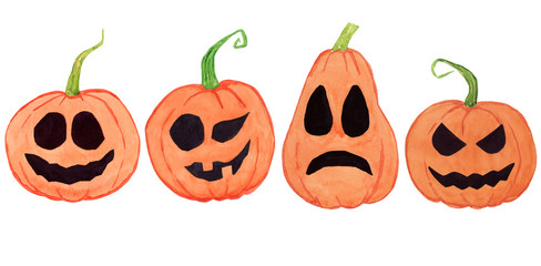 Happy Halloween Watercolor set of pumpkins. Halloween party elements. Hand drawn illustration.