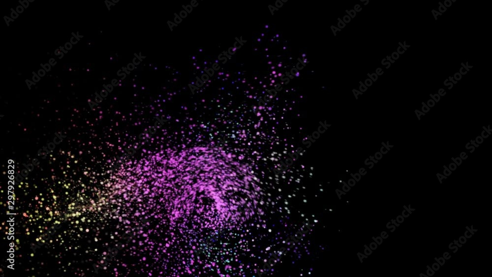 Poster beautiful abstract animation of multi-colored flickering particles scattered and whirling on a black