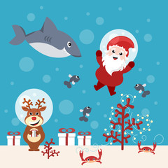 Underwater Christmas scene, Santa Claus and reindeer delivering presents
