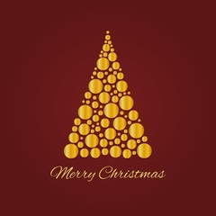 Abstract golden Christmas tree on dark red background. Symbol of Happy New Year, Merry Christmas holiday made of gold circle shapes. Template design for invitation, card, poster, banner, wallpaper