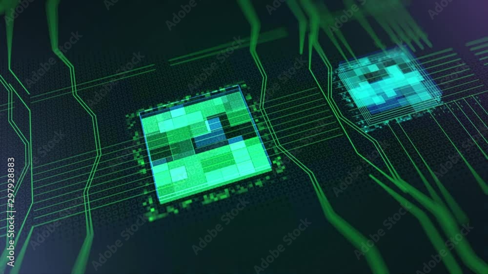 Poster processors cpu concept. animation. motherboard digital chip. abstract animation of computer central 