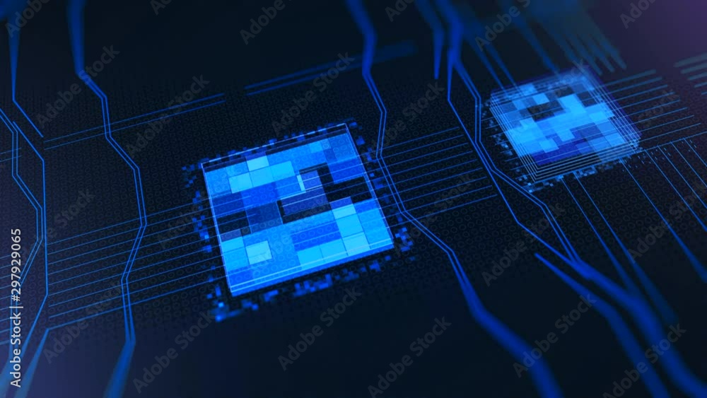 Poster processors cpu concept. animation. motherboard digital chip. abstract animation of computer central 