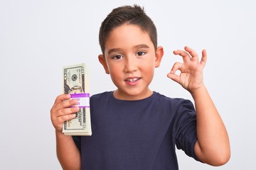 Beautiful kid boy holding dollars standing over isolated white background doing ok sign with fingers, excellent symbol