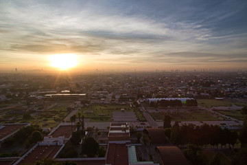 sunrise, panoramic view of the city of San andres Cholula Puebla, mexico