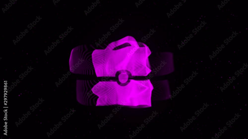 Poster digital animation of briefcase icon decaying into multicolored moving plexus networks on black backg