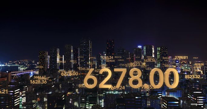Gold Digital Numbers Flying Over The Metropolitan City At Night Time. Business And Economy Related 4K Computer Animation