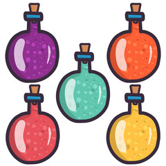 Cartoon set of illustration with five witch poison bottle on transparent background.Halloween party decoration elements. Vector art.