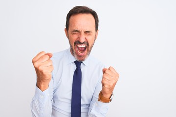 Middle age businessman wearing elegant tie standing over isolated white background very happy and excited doing winner gesture with arms raised, smiling and screaming for success. Celebration concept.