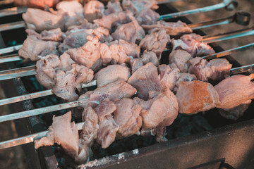 Shish kebab fried on grill. Pork shish kebab fried on skewer grill in the park