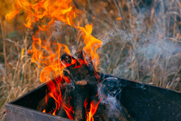 Burning charcoal in the fire for barbecue. Close-up