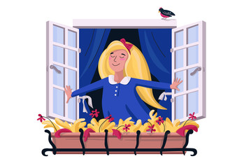 Happy kid opens the window. Smiling girl looks out from a small balcony with autumn flowers. Woman inhales fresh morning air from the street. Vector illustration in flat style on white background.