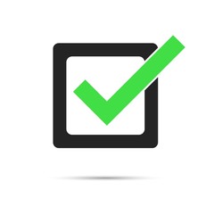 green check mark in black check box with shadow. tick right symbol isolated on white background. vector illustration