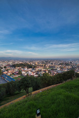 Panoramic view of the city, Popocatepetl volcano, San Gabriel Convent, the city is famous for its Great Pyramid, the largest archaeological site in the world at its base