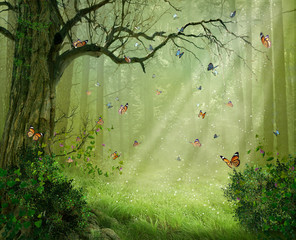 Magic forest. Photomanipulation. 3D rendering.