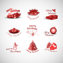 Christmas Logo And Elements Set - Isolated On Gray Background - Vector Illustration, Collection Of Xmas Icons For Label, Sticker, Christmas Tree Icon And Logo. Modern Merry Christmas Typography Vector