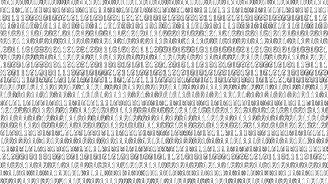Scrolling black and white binary code with pixel font, computer letter, looping