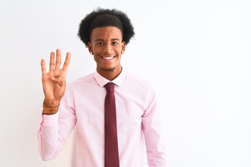 Young african american businessman wearing tie standing over isolated white background showing and pointing up with fingers number four while smiling confident and happy.