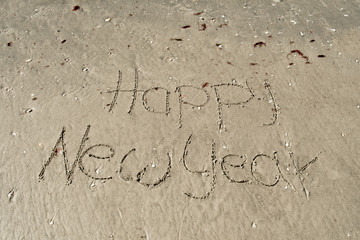 Happy New Year written in the sand at beach in Florida. New Year vacation in the sun concept. Seasons greetings. Sand with shells.